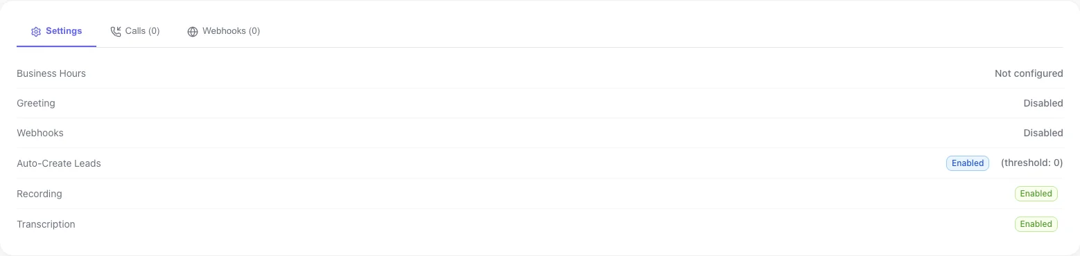 Dilr Voice Frontdesk settings: business hours, greeting, webhooks, auto-create leads, recording and transcription.