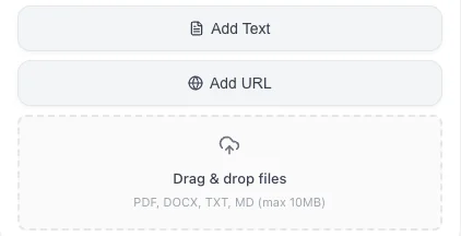 Adding to a Dilr Voice knowledge base: add text, add a URL, or drag and drop PDF, DOCX, TXT or MD files up to 10 MB.