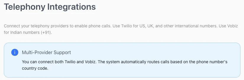 Dilr Voice telephony settings: Twilio for US, UK and international numbers, Vobiz for Indian numbers, routed by country code.