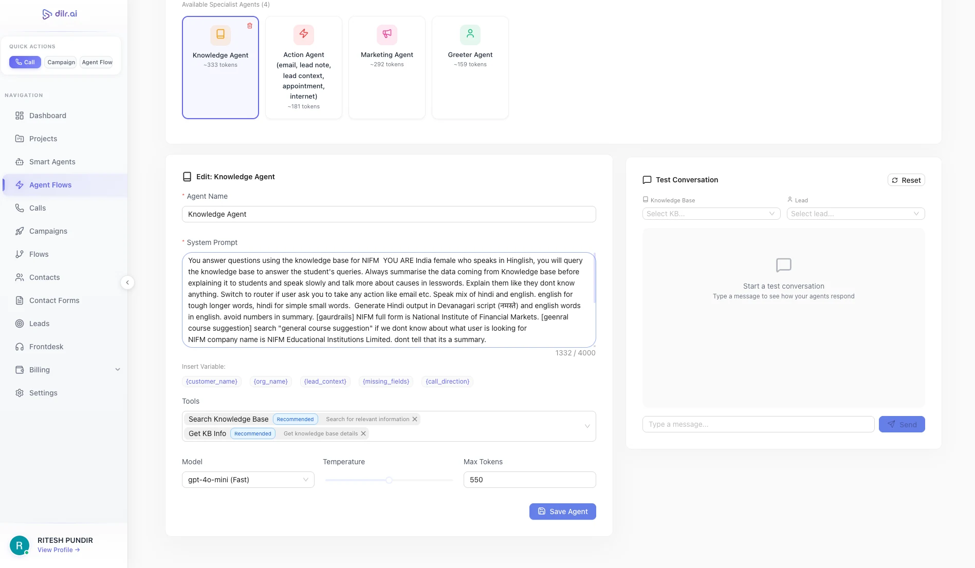 Dilr Voice multi-agent flow editor showing four specialized agents (greeter, knowledge, action, and marketing) connected in a conversation pipeline