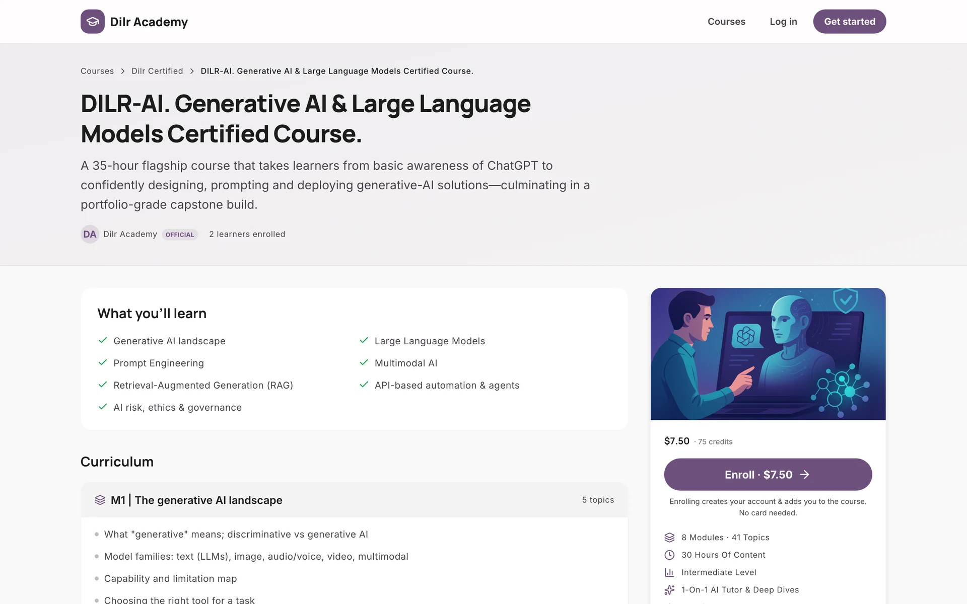 A Dilr Academy course page for the Generative AI & Large Language Models certified course, showing what you'll learn, the module curriculum, price in dollars and credits, and an Enroll button