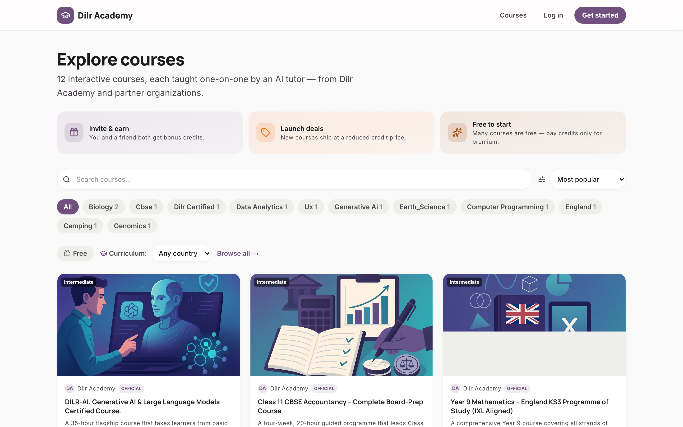 The Dilr Academy course marketplace showing category filters and course cards with illustrated covers for Generative AI, CBSE Accountancy, and Year 9 Mathematics KS3