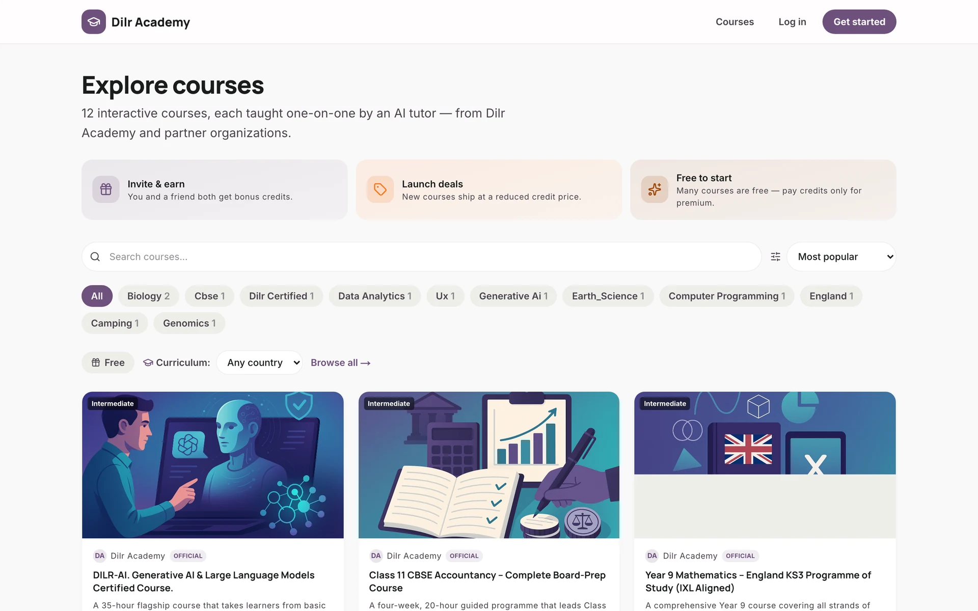 The Dilr Academy course marketplace showing category filters and course cards with illustrated covers for Generative AI, CBSE Accountancy, and Year 9 Mathematics KS3