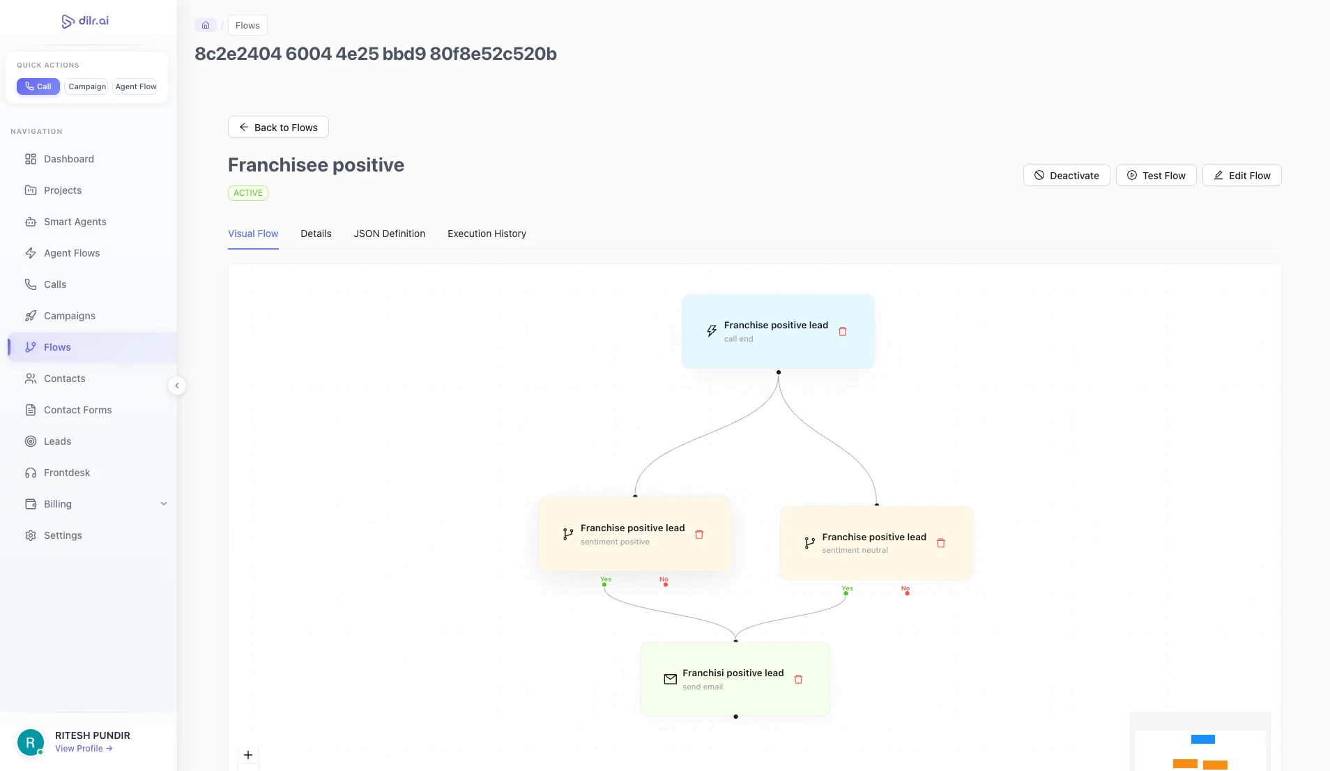 Dilr Voice visual flow builder with drag-and-drop trigger, condition, and action nodes for post-call automation