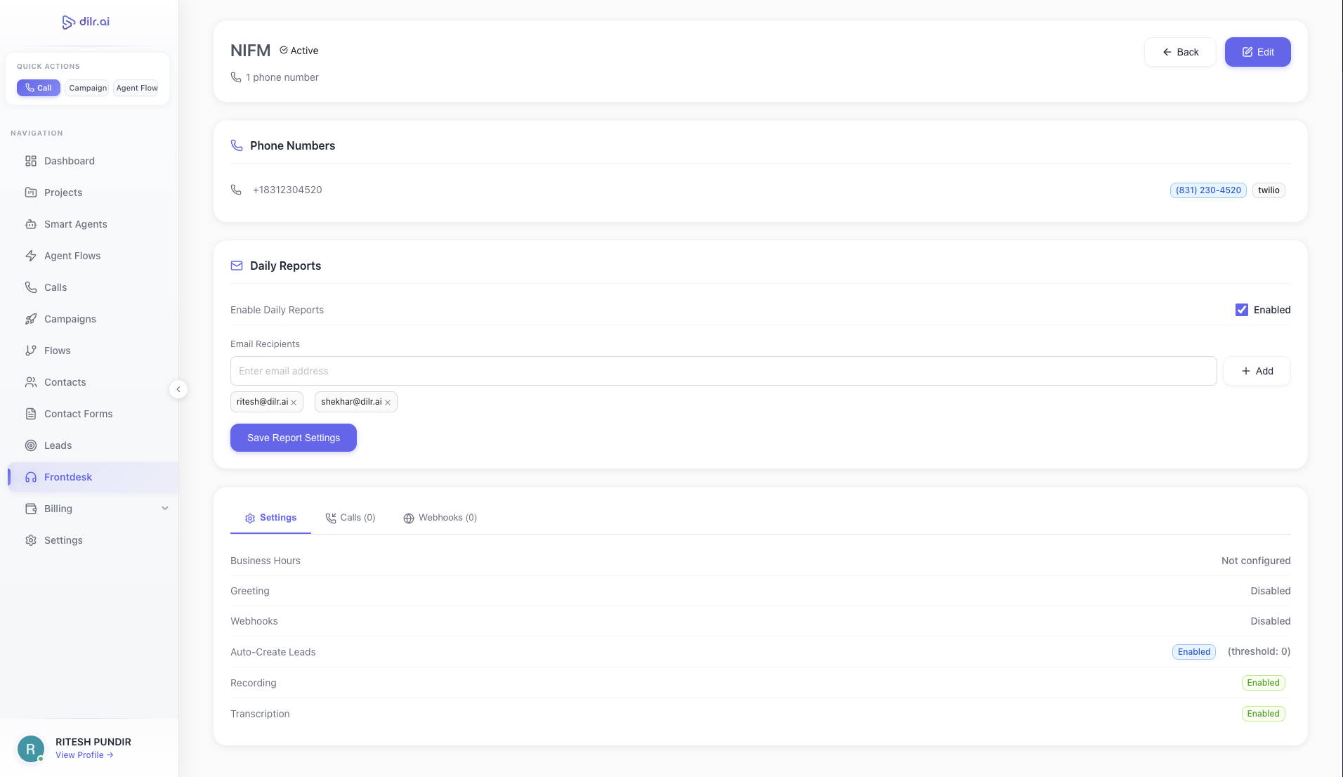 Dilr Voice frontdesk settings with phone number configuration, daily reports, business hours, and webhook integration