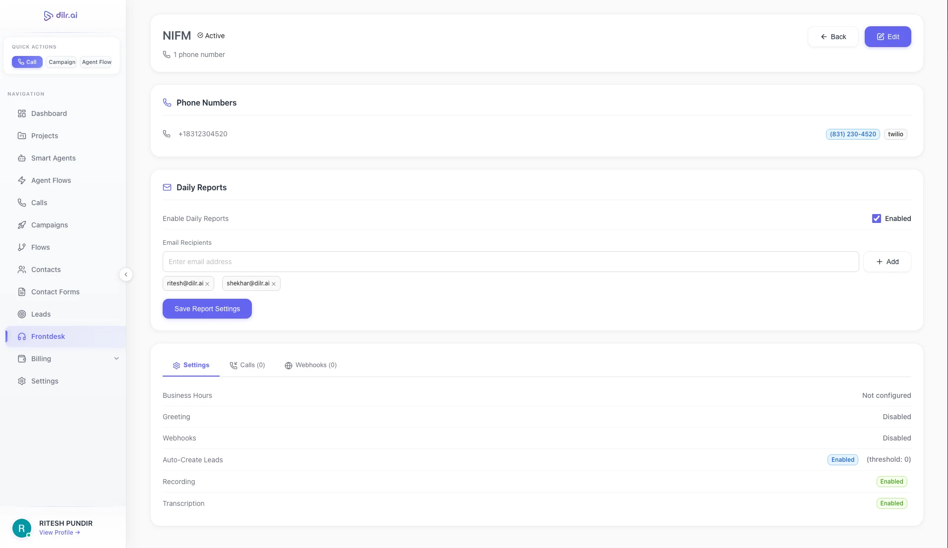 Dilr Voice frontdesk settings with phone number configuration, daily reports, business hours, and webhook integration
