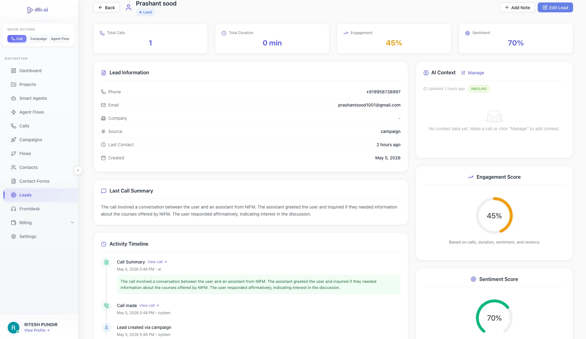 Dilr Voice lead profile showing engagement score, sentiment score, AI-generated context summary, and call history timeline