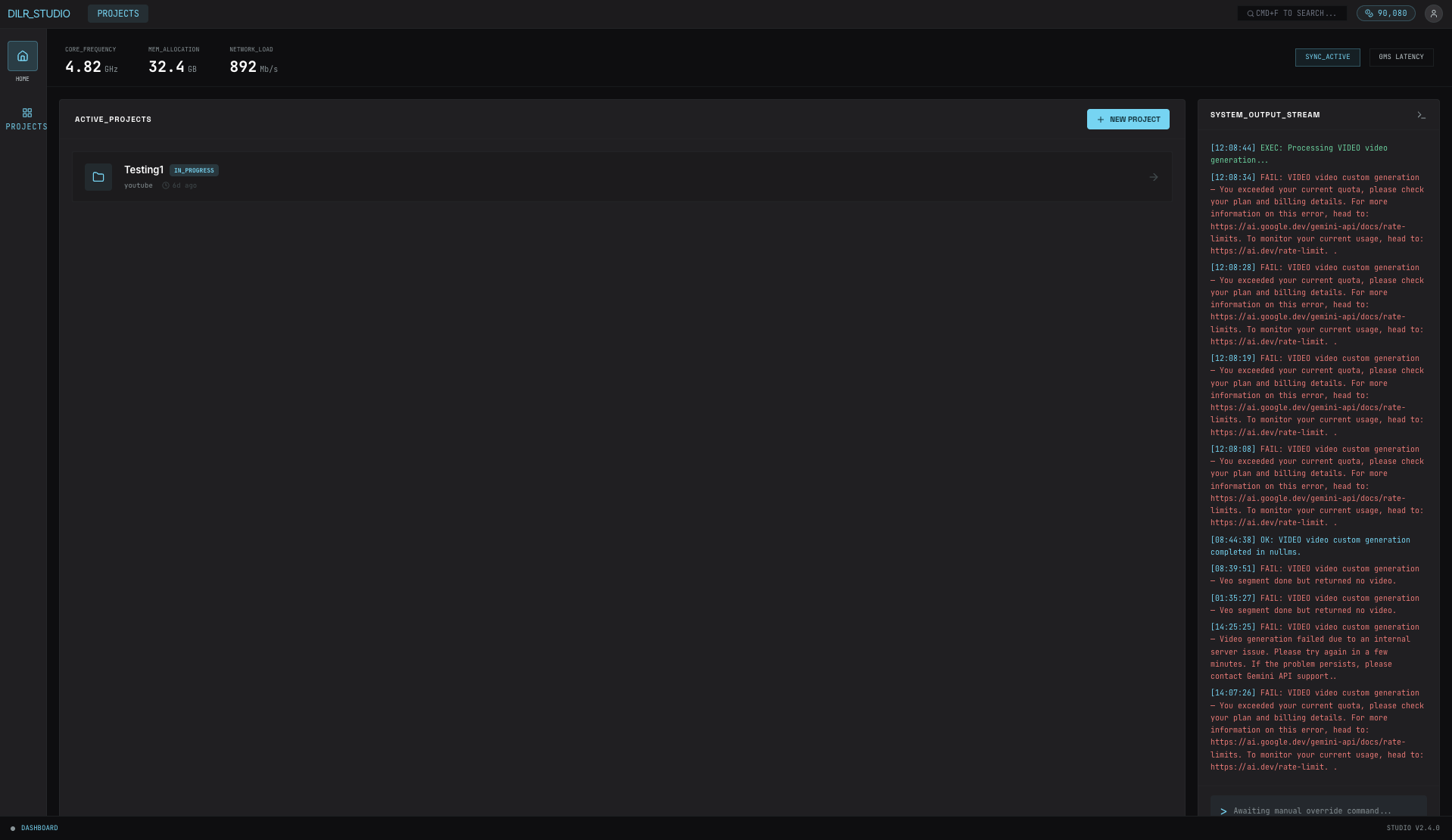 DILR Studio project dashboard showing cost analytics at $4.82, output statistics at 32.4 items, word count at 892, active projects list, and real-time event stream with content generation logs