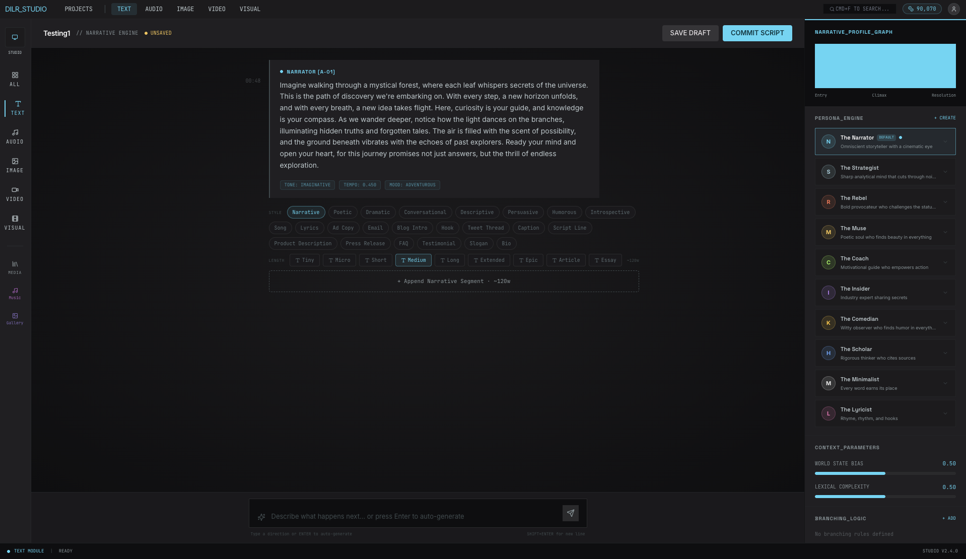 DILR Studio rich text editor with markdown support, tone adjustment controls, and commit script workflow for content approval