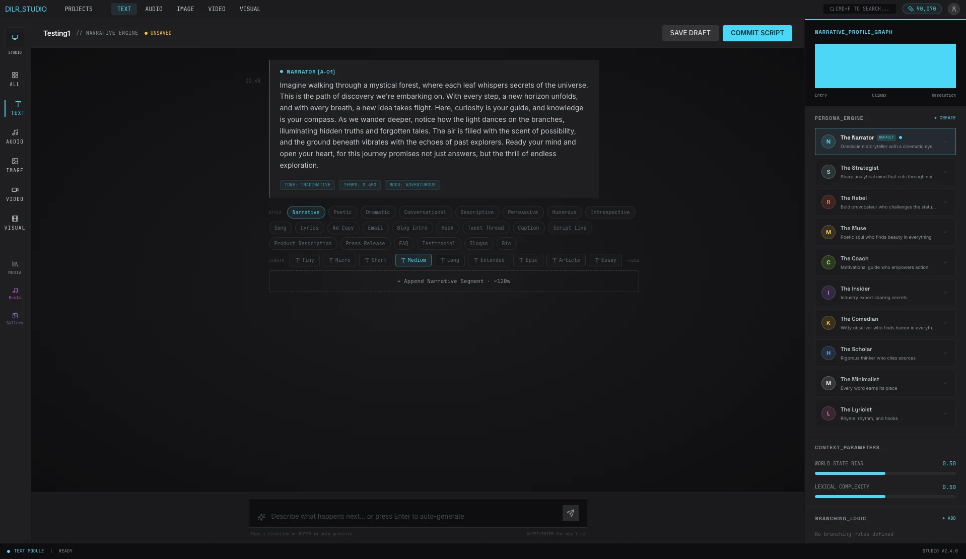 DILR Studio rich text editor with markdown support, tone adjustment controls, and commit script workflow for content approval