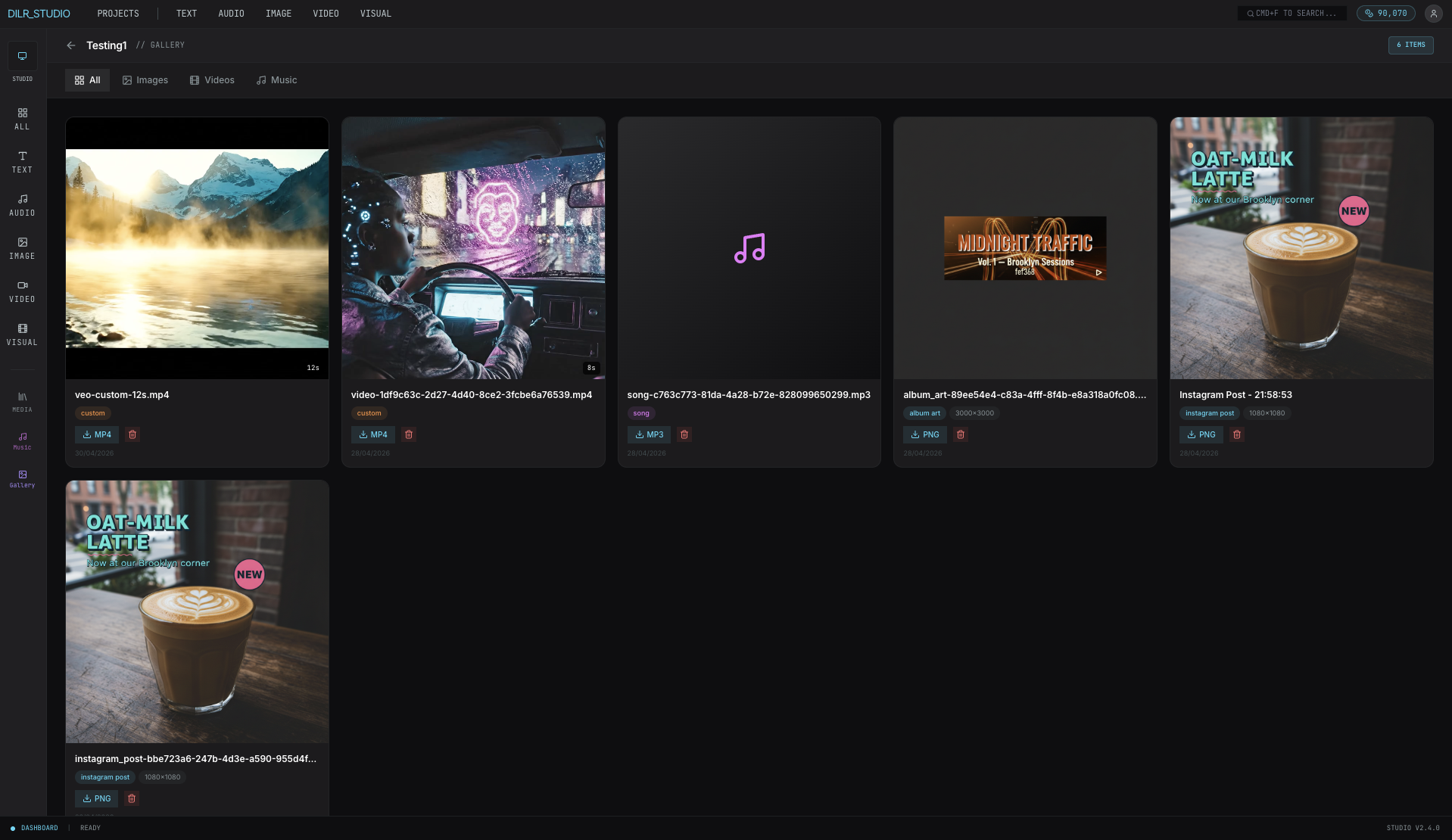 DILR Studio media gallery showing generated content thumbnails including videos, images, and music assets with filters for type and date, metadata overlay, and download options