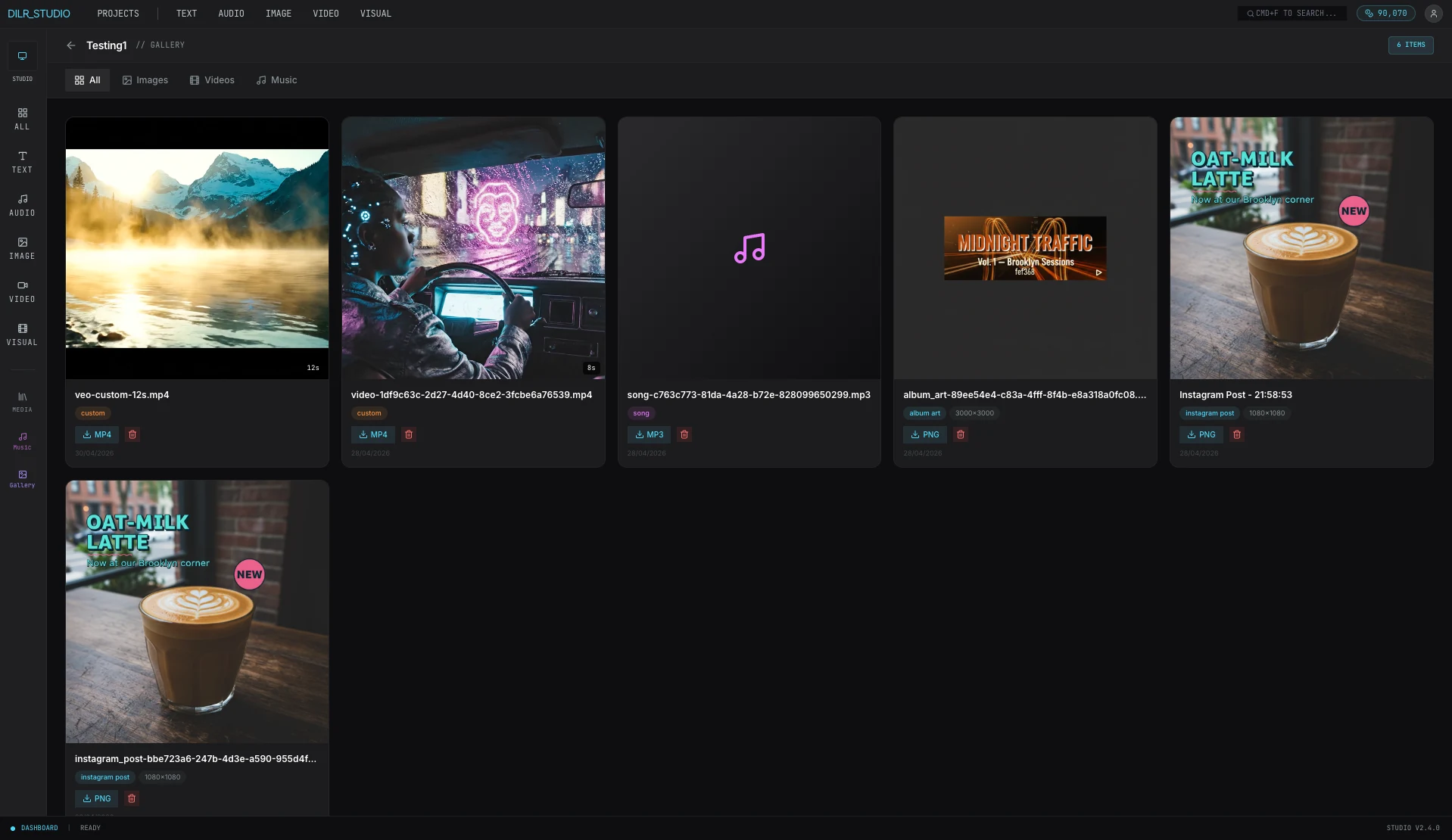 DILR Studio media gallery showing generated content thumbnails including videos, images, and music assets with filters for type and date, metadata overlay, and download options