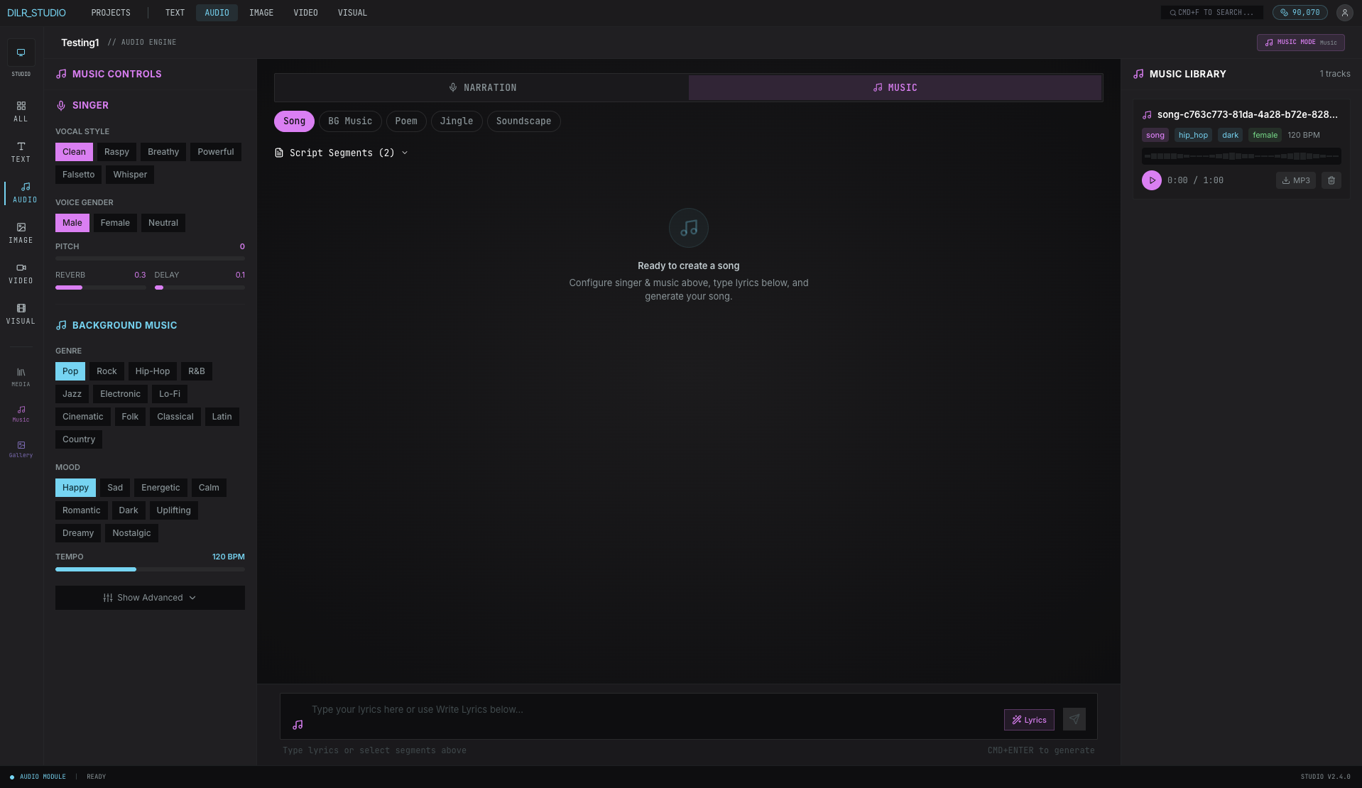 DILR Studio music creator with singer selection, genre picker, mood and tempo controls, and music library