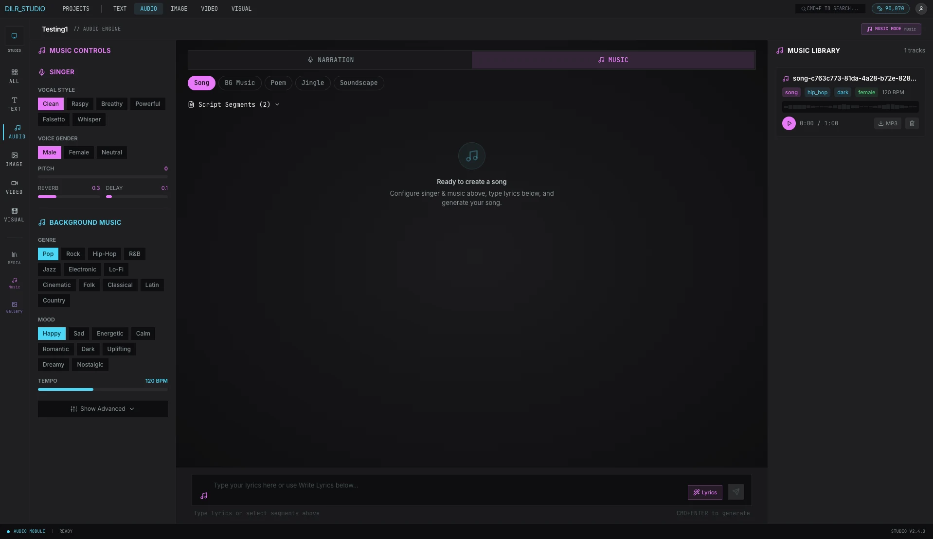 DILR Studio music creator with singer selection, genre picker, mood and tempo controls, and music library